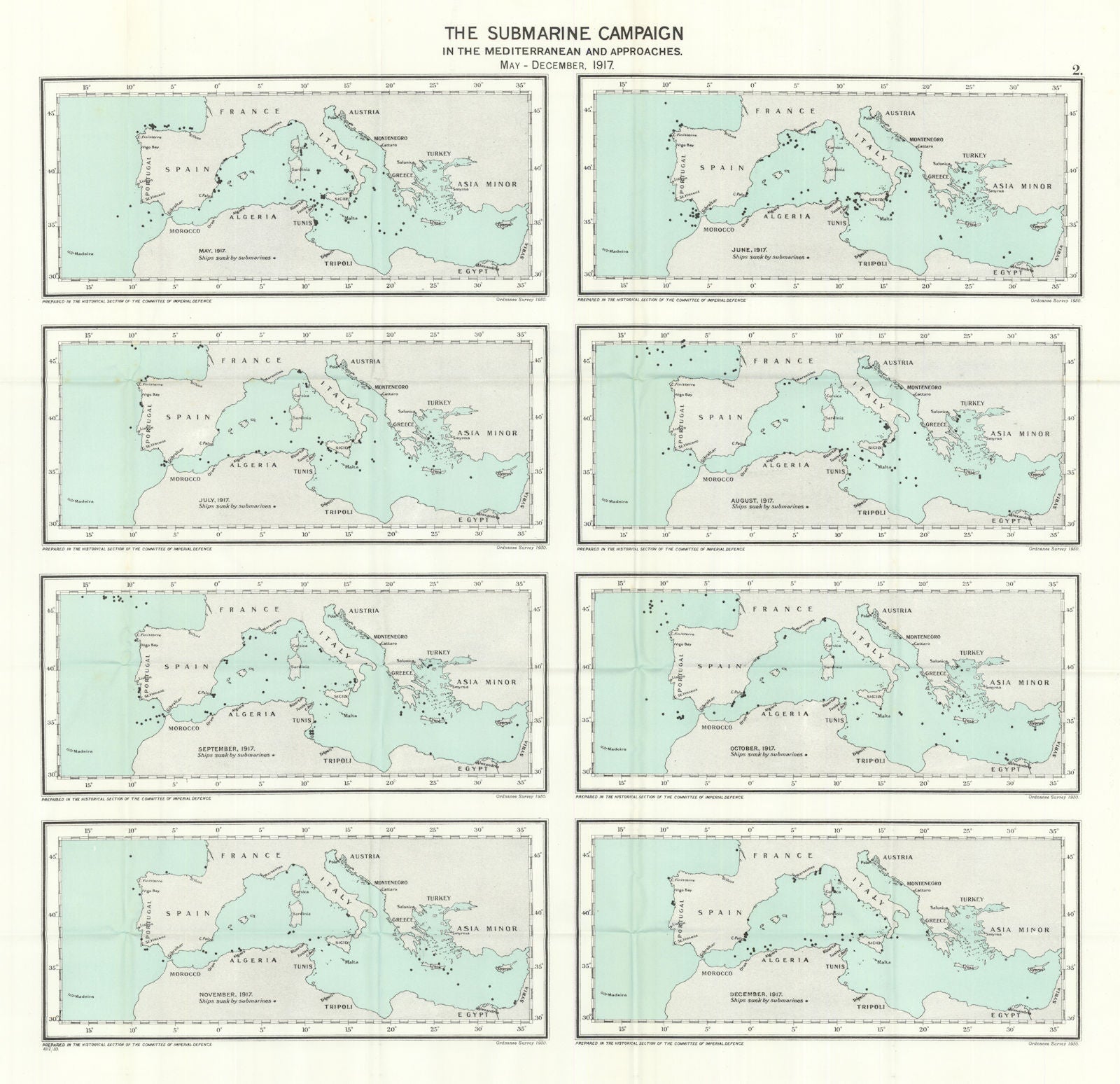 German U-Boat submarine campaign Mediterranean May-December 1917. WW1 1931 map